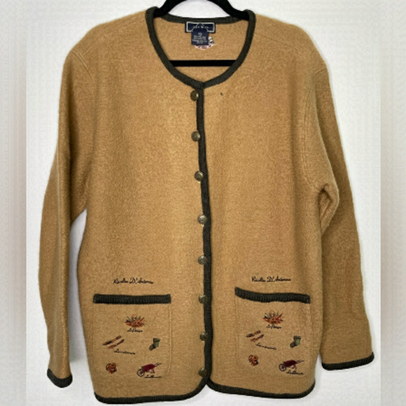 Vintage Sweaters - Vintage Tan Cardigan with Dark Green Trim - 100% Wool